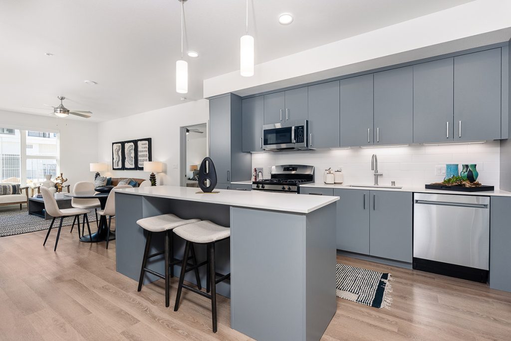 Combined living room and kitchen area with a gray sectional sofa, abstract wall art, and modern kitchen appliances in a bright space.