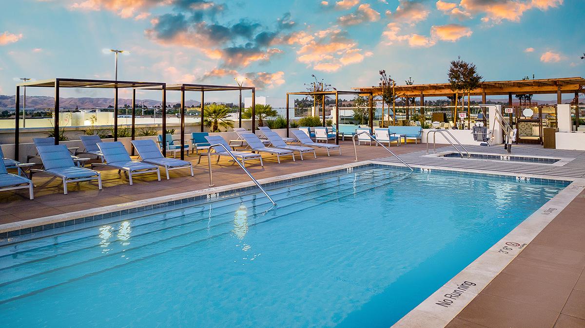 Pool area at Legacy at Livermore apartments in downtown Livermore CA.